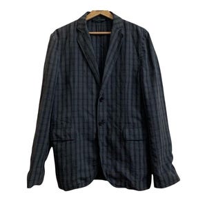 May include: A dark gray blazer with a plaid pattern. The blazer has a two-button closure, notched lapels, and two front pockets. The jacket is hanging on a wooden hanger against a white background.
