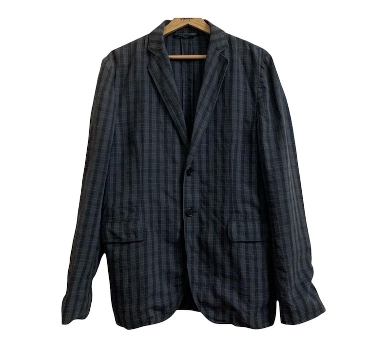 May include: A dark gray blazer with a plaid pattern. The blazer has a two-button closure, notched lapels, and two front pockets. The jacket is hanging on a wooden hanger against a white background.
