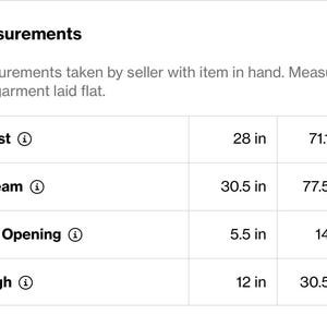 May include: Measurements of a garment, including waist (28 in), inseam (30.5 in), leg opening (5.5 in), and thigh (12 in). Measurements are taken with the item laid flat.