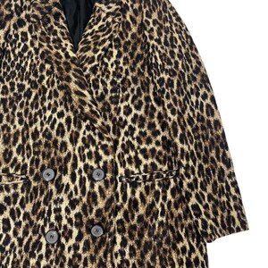 May include: A double-breasted leopard print blazer in shades of brown and black. The jacket features a notched lapel, two rows of buttons, and two front pockets. The fabric has a textured appearance.