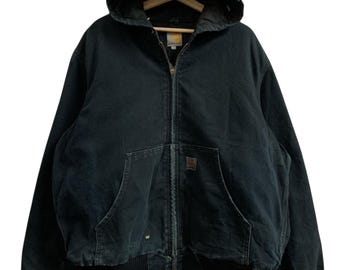 Distressed Carhartt Hoodie Chore Jacket Workwear Clothing Black Colour Size Large