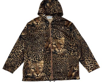 Vintage Planet Blau Leopard Print Hoodie Zip-Up Jacke Größe L