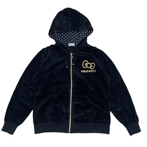 Chaqueta con capucha de terciopelo con logo grande de Hello Kitty vintage de los años 90, color negro, talla grande imagen 2