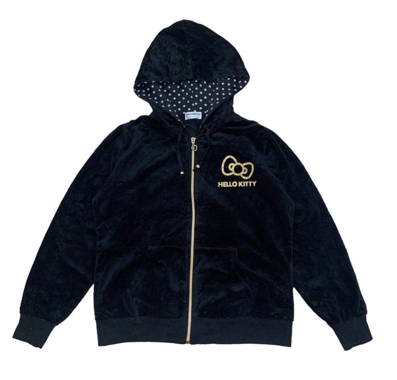 Chaqueta con capucha de terciopelo con logo grande de Hello Kitty vintage de los años 90, color negro, talla grande imagen 2