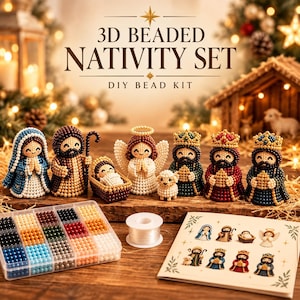 Peut inclure: Un kit de bricolage de crèche de Noël en perles 3D comprenant des figurines de Marie, Joseph, l'enfant Jésus dans une crèche, un ange, un agneau et trois rois mages. Inclut une boîte de rangement en plastique, du fil et des instructions.