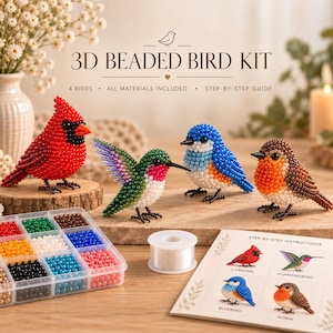 Op de afbeelding: Een 3D-kralenvogelset met vier afgewerkte vogelbeeldjes: een rode kardinaal, een groen-roze kolibrie, een blauw-witte vogel en een bruin-oranje roodborstje. Inclusief een doorzichtige kralenorganizer, een klosje wit draad en een handleiding.