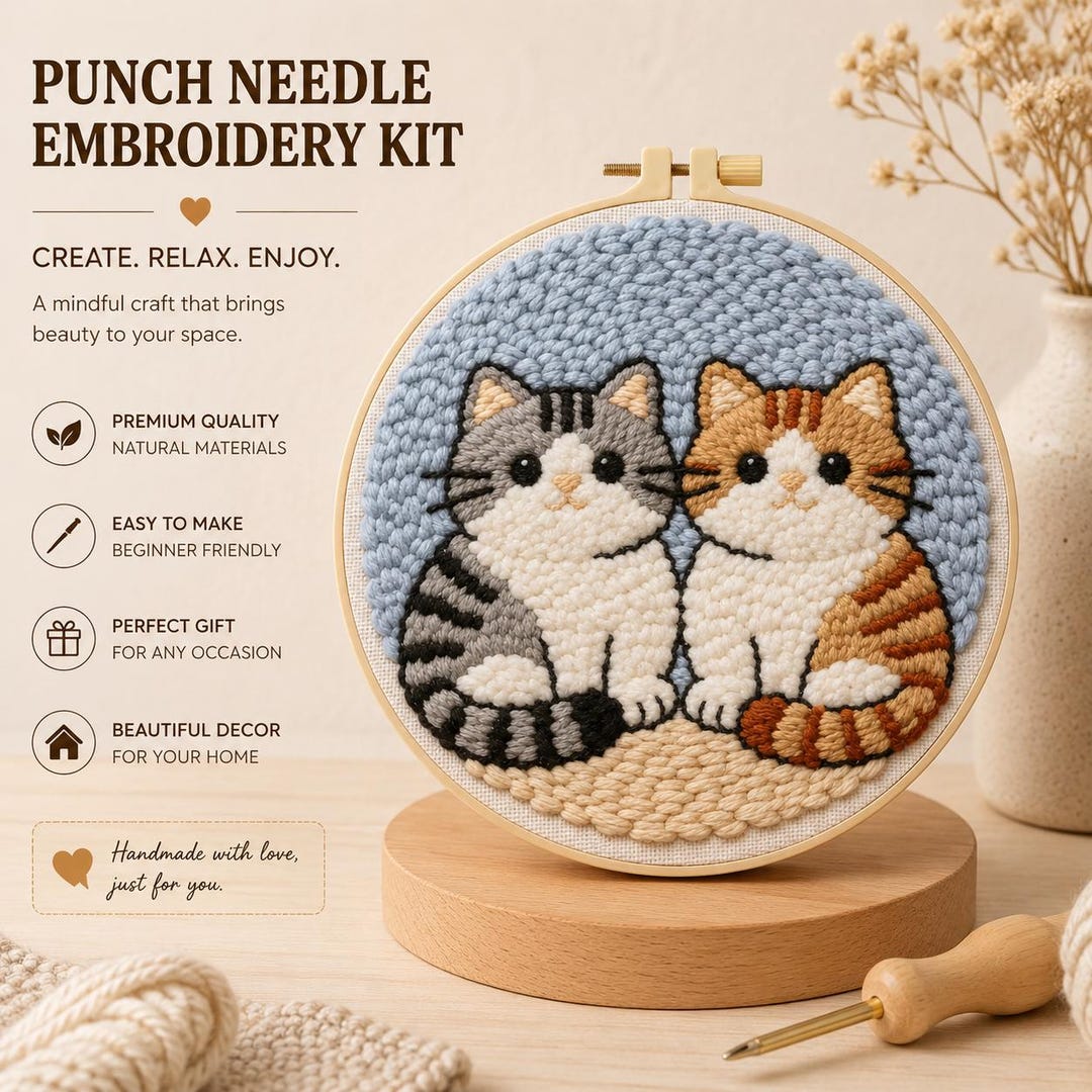 Cute Cat Punch Needle Kit – DIY Embroidery Wall Art – Kawaii Cat ...