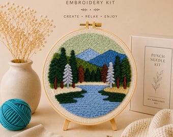 Punch-Needle-Wald-Set | Stickset Bergsee | Natur-Wanddeko zum Selbermachen | Textilkunst für Anfänger | Entspannende, handgemachte Dekoration