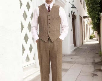 Pantalones de tweed para hombre, de lana, corte relajado, con doble pliegue y dobladillo con puños, de espiga vintage, personalizados