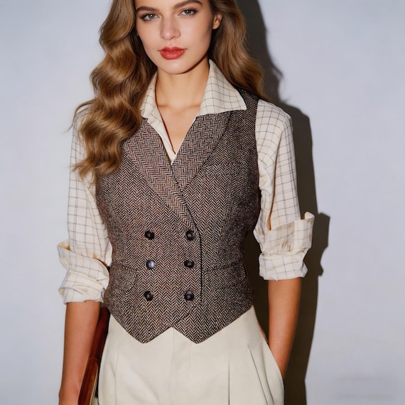 Custom Vintage 1930s Herringbone Tweed Vest Women Slim Fit Double-Breasted