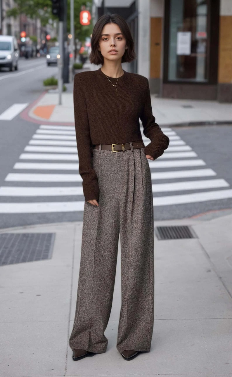 May include: A dark brown long-sleeved knit sweater paired with high-waisted, wide-leg gray tweed trousers. The outfit includes a thin brown leather belt with a gold-toned buckle and a delicate gold necklace with a small pendant.