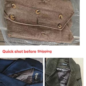 May include: A collection of three coats featuring a brown herringbone double-breasted coat with buttons, a dark blue coat with a black label reading Vintage, and a dark green herringbone coat with a black label reading Vintage.