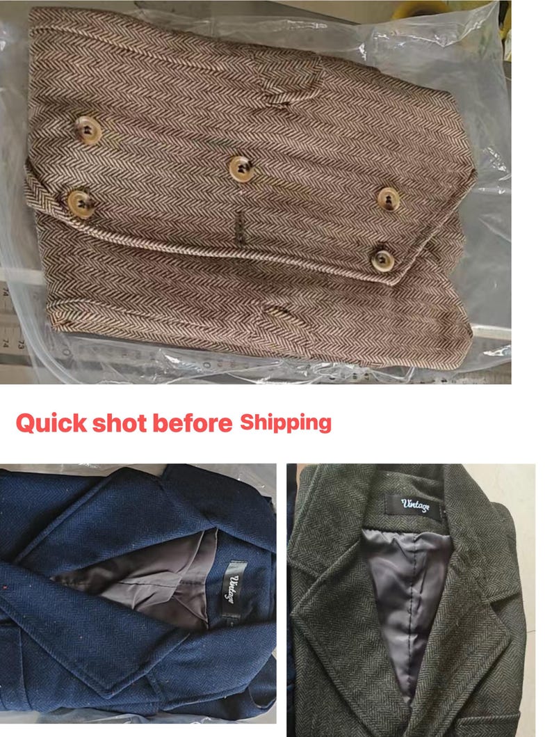 May include: A collection of three coats featuring a brown herringbone double-breasted coat with buttons, a dark blue coat with a black label reading Vintage, and a dark green herringbone coat with a black label reading Vintage.