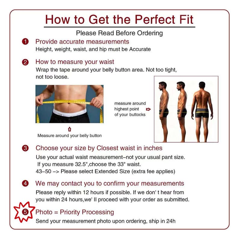 May include: An instructional guide titled How to Get the Perfect Fit with five numbered steps. It includes text instructions, a photo of a yellow measuring tape around a waist, and three side and back views of a figure to show measurement points.