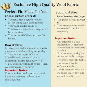 May include: An informational graphic with a gold crown icon featuring text about Exclusive High Quality Wool Fabric, custom order options, waist measurements up to 50 inches, and standard sizing from S-5XL with notes on fit and returns.