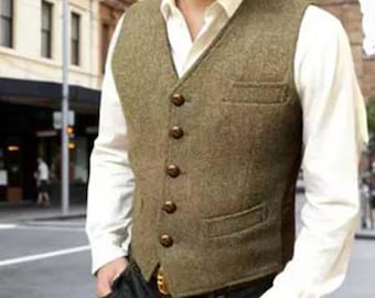 Chaleco de lana de espiga, ajustado, con cuello en V y botonadura sencilla para hombre, de peso pesado