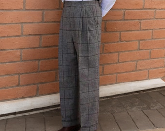 Pantalones de lana tweed con estampado de espiga para hombre, estilo años 40, de talle alto y pernera ancha con puños.