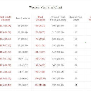 May include: A size chart titled Women Vest Size Chart with columns for Size, Back Length, Bust, Waist, Cropped Front Length, Regular Front Length, and US Size Reference. The table lists measurements in both centimeters and inches for sizes XS to 6XL.