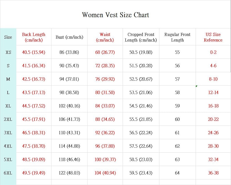 May include: A size chart titled Women Vest Size Chart with columns for Size, Back Length, Bust, Waist, Cropped Front Length, Regular Front Length, and US Size Reference. The table lists measurements in both centimeters and inches for sizes XS to 6XL.