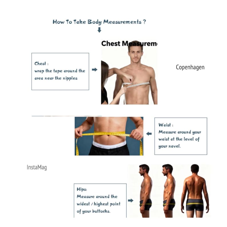 May include: An instructional guide titled How To Take Body Measurements featuring text and diagrams. It illustrates chest measurement with a tape, waist measurement using a yellow tape, and hip measurement with three views of a person.