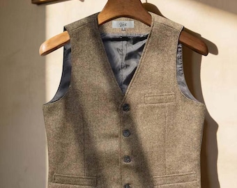 Chaleco vintage de lana de espiga estilo años 40 para hombre - Chaleco ajustado con cuello en V