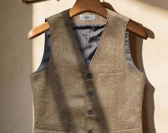 Gilet Uomo In Lana Tweed A Spina Di Pesce – Monopetto Slim Fit – Grigio (Taglia Large)