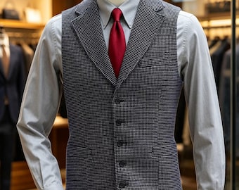 Men's 1940s Slim Fit Herringbone Wool Notch Lapel British Style Waistcoat, Custom