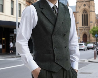 Men's 1960s Slim Fit Herringbone Wool Double-Breasted Notch Lapel British Style Waistcoat, Custom