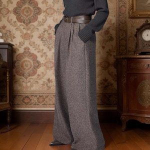 Custom Women's Vintage Herringbone Wide Leg Tweed Wool Pants, High Waisted Palazzo Boho