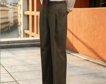 Pantalones Gurkha para hombre, estilo años 40, sarga de algodón puro, cintura alta, pierna ancha, pantalones vintage personalizados.