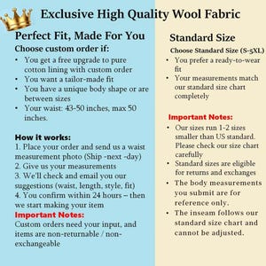 May include: An informational graphic with a gold crown icon featuring text about Exclusive High Quality Wool Fabric, custom order options, waist measurements up to 50 inches, and standard sizing from S-5XL with notes on fit and returns.