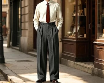 Pantaloni in lana a vita alta stile Hollywood anni '30, su misura / Doppia piega, vestibilità ampia