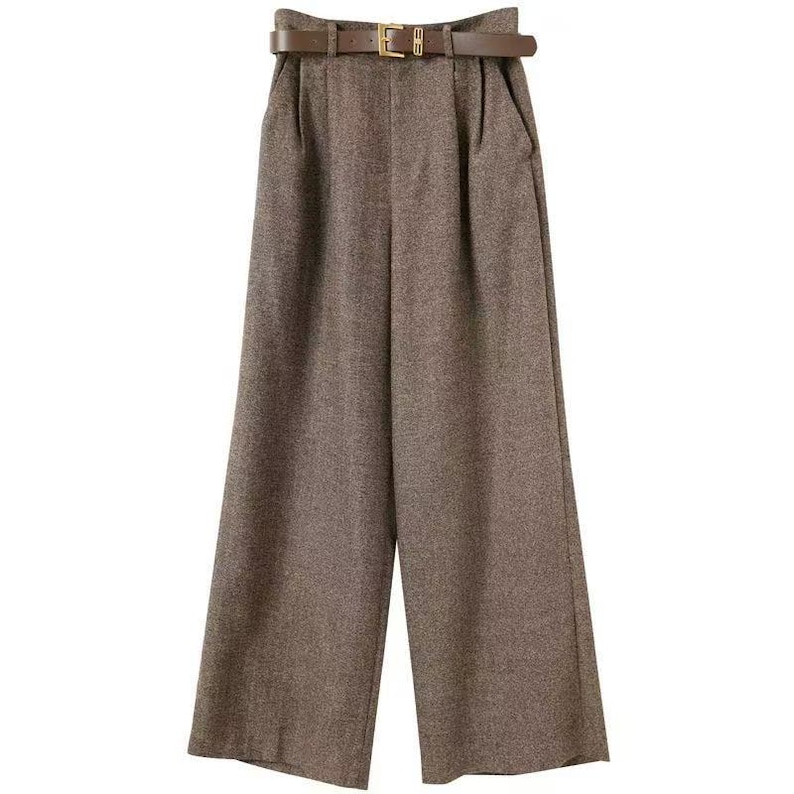 May include: High-waisted brown trousers featuring a wide-leg silhouette, front pleats, and side pockets. The garment includes a matching brown belt with a gold-toned rectangular buckle at the waist, providing a structured and tailored appearance.