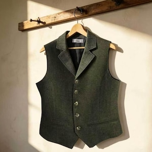 Custom 1920s Vintage Notched Lapel Wool Waistcoat | Men's Heavyweight Herringbone Casual Vest