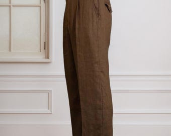 Individuelle 1940er Jahre Herren Leinen-Lyocell Herrenhose in Tabakoptik – Tapered Fit, ultraleicht & atmungsaktiv