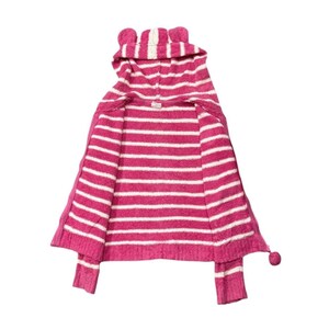 May include: A pink and white striped hooded sweater with a cat ear design on the hood. The sweater has long sleeves and a pom-pom detail at the end of each sleeve. The sweater is open in the front.