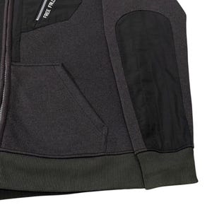 May include: A charcoal grey zip-up hoodie with black panels on the shoulders and chest. The hoodie features a ribbed hem and cuffs, a front pocket, and the text "FREE FALL" printed on the upper chest.