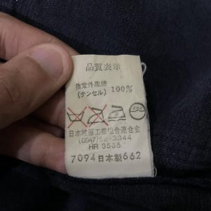 May include: A white label with Japanese text and symbols, including "品質表示" and "100%" in black. The label also features care symbols and the numbers "7094" and "662". The label is against a dark blue fabric.