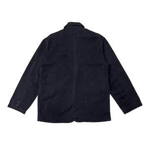 May include: A navy blue jacket with a traditional collar and long sleeves. The jacket features two buttons on each cuff and a two-button closure. The back view reveals a simple, tailored design.