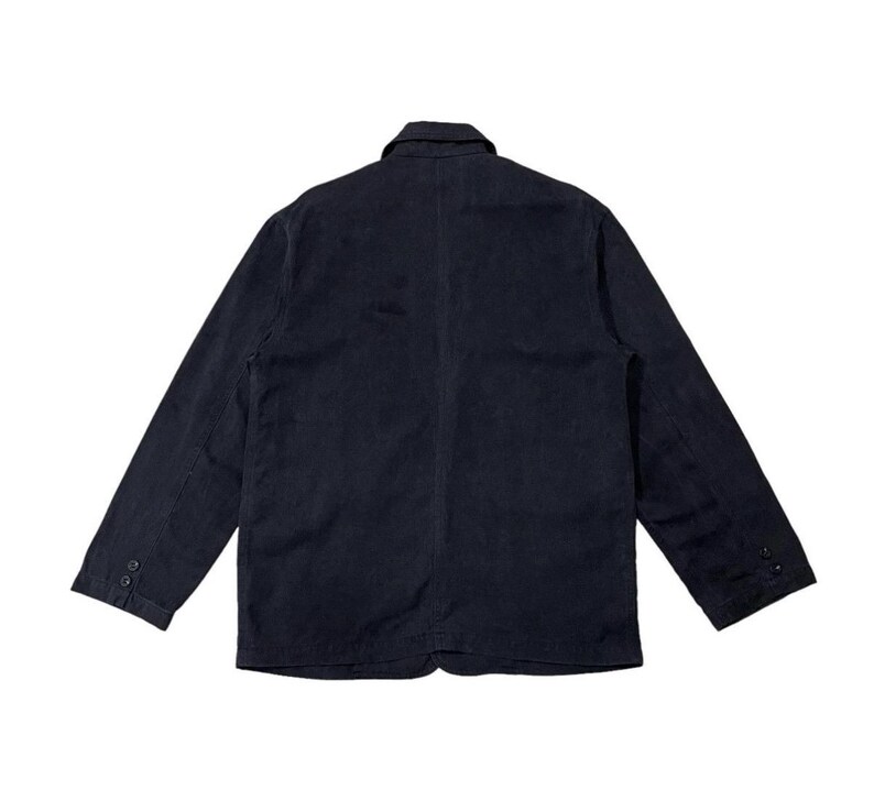 May include: A navy blue jacket with a traditional collar and long sleeves. The jacket features two buttons on each cuff and a two-button closure. The back view reveals a simple, tailored design.