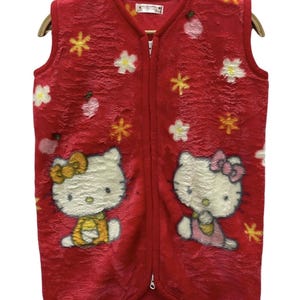ZELDZAAM!! Vintage jaren 90 officiële Hello Kitty Sanrio Japanse streetwear mode rode kleur fullprint fleece vest met rits en ritssluiting