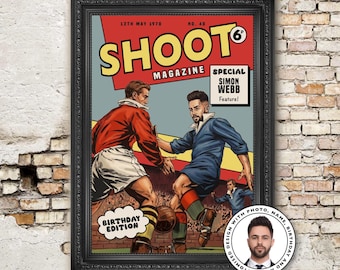 Póster personalizado de revista de fútbol, portada retro de fútbol personalizada, regalo de cumpleaños para él, papá, hijo, esposo, abuelo, arte mural deportivo vintage