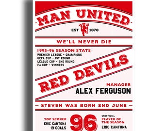 Impresión del año futbolístico del MANCHESTER UNITED 1996: personalizada / Regalo de 30.º cumpleaños del Manchester United / Póster personalizado