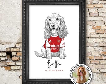 Retrato personalizado de perro del Arsenal - Ilustración personalizada con la equipación de los Gunners - Arte para mascotas de los Reds - Regalo de fútbol para el papá del perro
