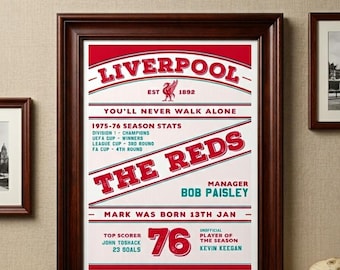 Lámina del 50 aniversario del Liverpool – Personalizada / Regalo retro de fútbol de 1976 / Póster personalizado
