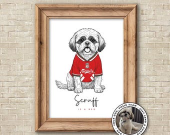 Retrato personalizado de perro del Liverpool - Ilustración personalizada con la equipación de los Reds - Arte para mascotas - Regalo de fútbol YNWA para papás perrunos