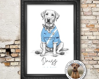 Retrato personalizado de perro del Manchester City - Ilustración personalizada con la equipación del Man City - Citizens Pet Art - Regalo de fútbol para papá perruno
