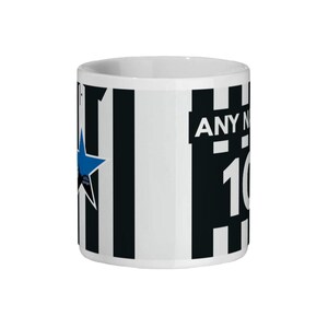 May include: White ceramic mug with black vertical stripes and a blue star design. The mug features the text "ANY N" and the number "10". The mug is cylindrical and has a white interior.