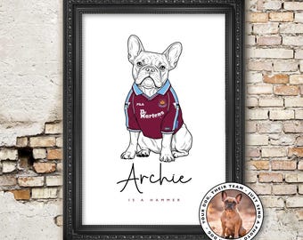 Retrato personalizado de perro del West Ham - Ilustración personalizada con la equipación de los Hammers - Arte para mascotas - Regalo de fútbol COYI para papás perrunos