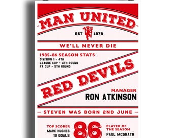 Impresión del año futbolístico del MANCHESTER UNITED 1986: personalizada / Regalo de 40 cumpleaños del Manchester United / Póster personalizado
